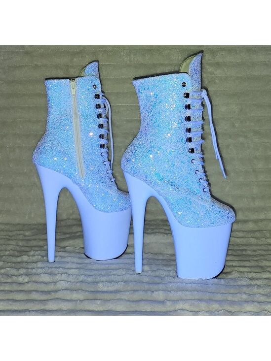 Pleaser Shoes - White Ice UV Glitter 8" Platform Heel Ankle Boots Flamingo